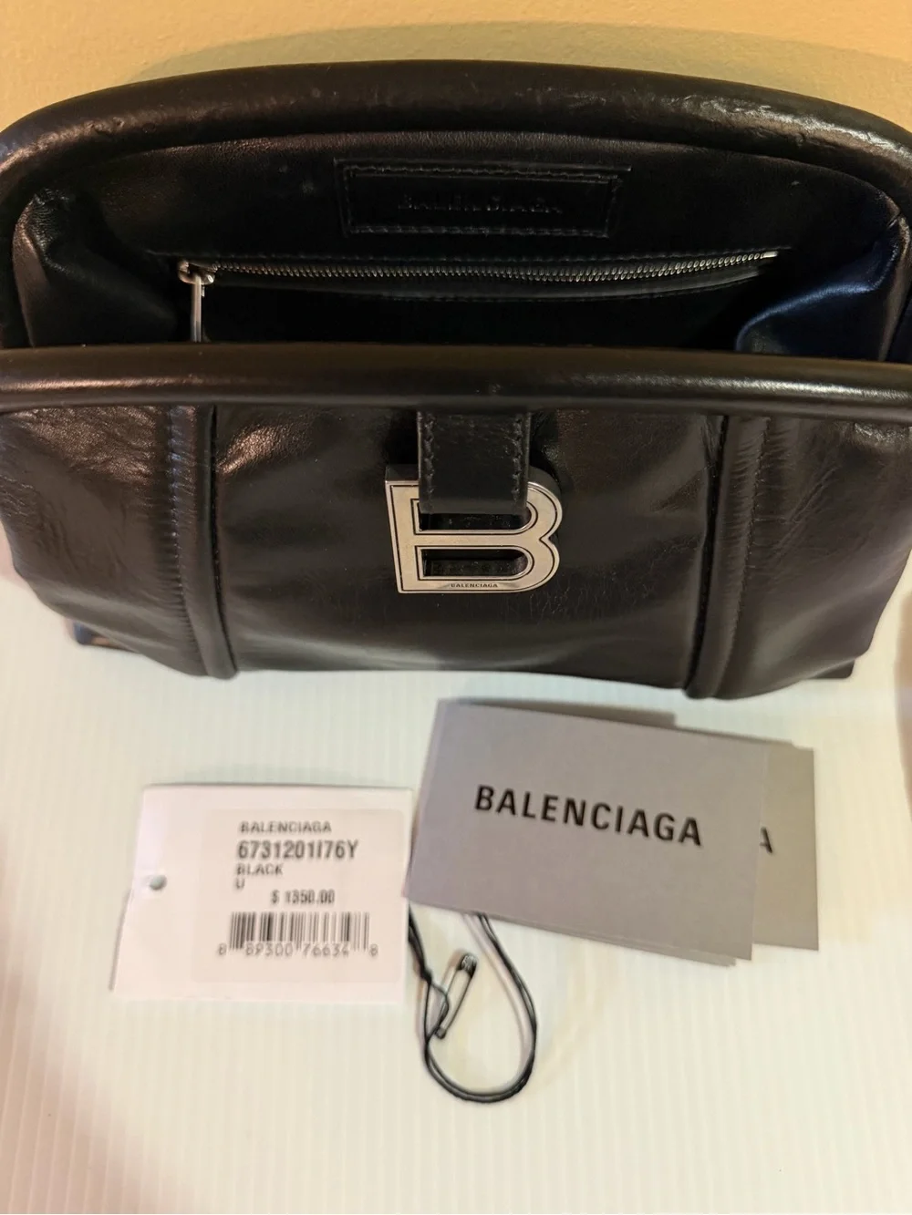 Balenciaga Black Leather 'B' Logo Women’s Clutch Bag